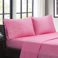 Microfiber Bed Sheet Set Wrinkle Resistant, Soft Sheets With 12" Pocket, Modern, All Season, And Cozy, Matching Pillow Case, Full, Pink Chevron, 4 Piece