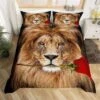GENERIC Wild Lion Handmade Bedding Set, Brown Wildlife Red Rose Duvet Cover, African Tropical Animal Theme Comforter Cover For Room Decoration, Gift For Lion Lovers, Gift For Son, Gift For Husband