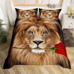 GENERIC Wild Lion Handmade Bedding Set, Brown Wildlife Red Rose Duvet Cover, African Tropical Animal Theme Comforter Cover For Room Decoration, Gift For Lion Lovers, Gift For Son, Gift For Husband