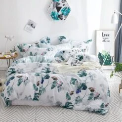 Floral Duvet Cover King Size, 100% Cotton Aqua Botanical Leaves Printed Bedding Duvet Cover For King Bed, Ultra Soft Cotton Bedding Set (3Pcs, King Size)